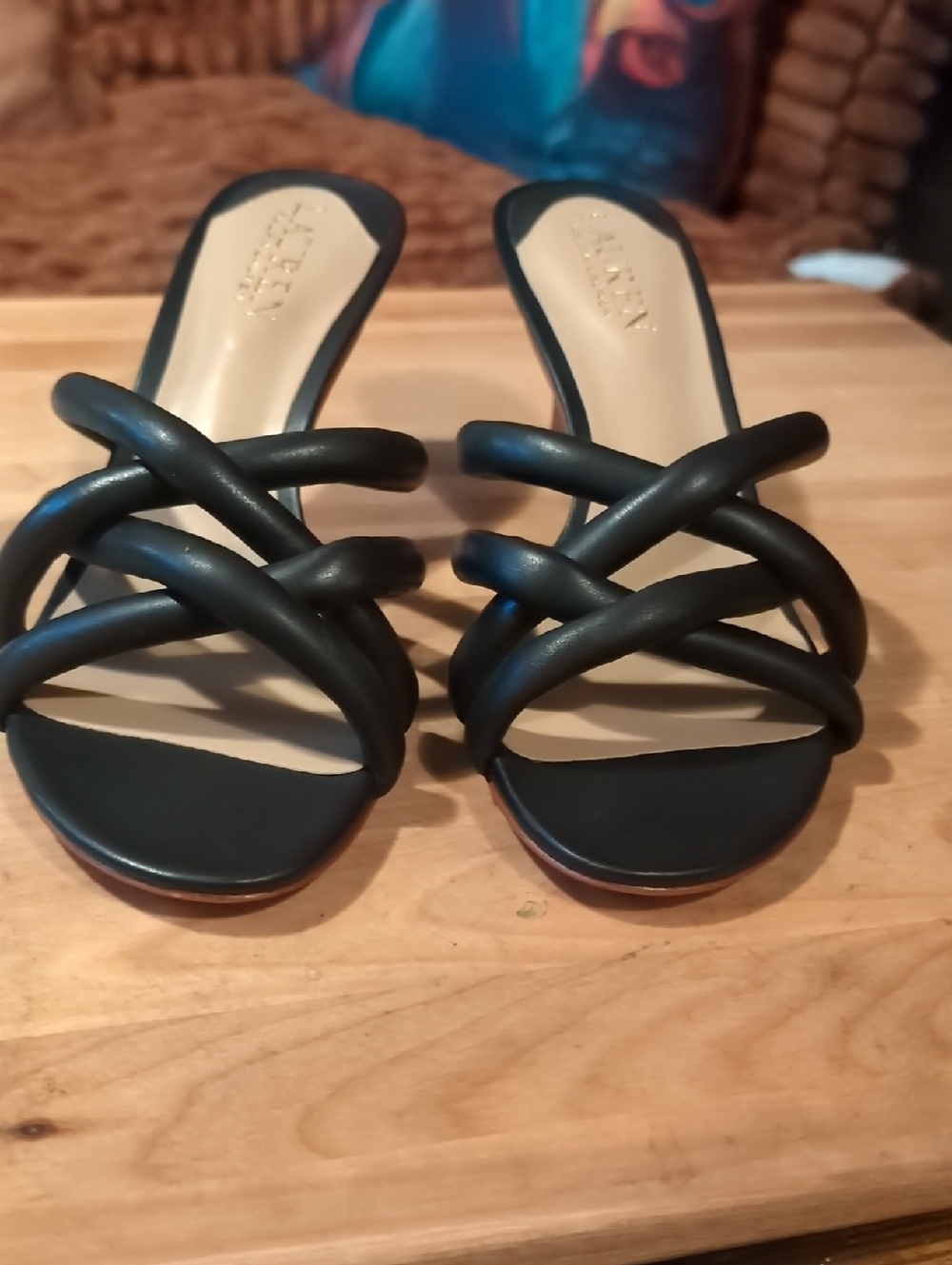 Ralph Lauren Black Woven-Strap Slide Sandals.